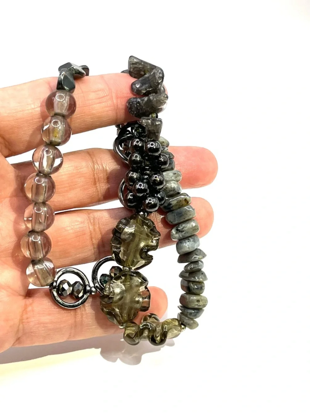 Treska Gray Beaded Silver Stretch Double Bracelet Set Gray Gun Metal Bracelets